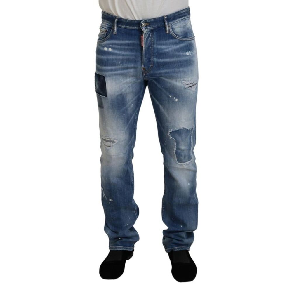 Dsquared² Blue Washed Tattered Straight Fit Casual Denim Men's Jeans (Pre-Owned)